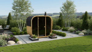 wooden sauna on grass in a garden