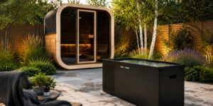 wooden sauna and chill tub in a garden